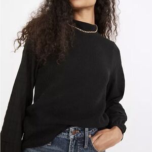 MADEWELL Womens Ribbed Mock-Neck Top Weavemix Relaxed-Sleeve NC638 Black XXS 2XS